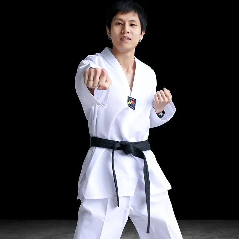 White Taekwondo Uniform Training Martial Arts Suits Embroidery Uniforms Poomsae Dobok WTF Approved Size 110-180