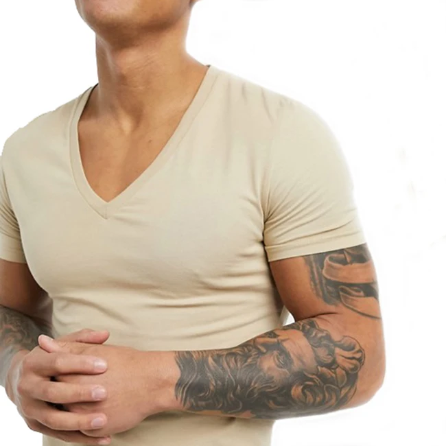 Men v-neck design 95 Cotton 5 Elastane short sleeve muscle fit beige t shirt