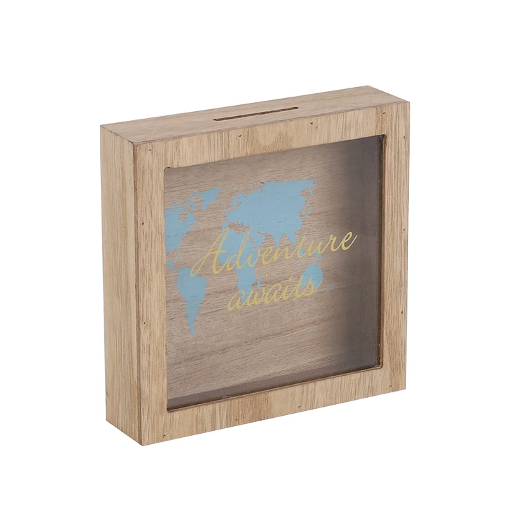 Customized Plain Printed Wood Glass Fund Box Frame Money Box Piggy Bank 3D Shadow Box Frame For Kids