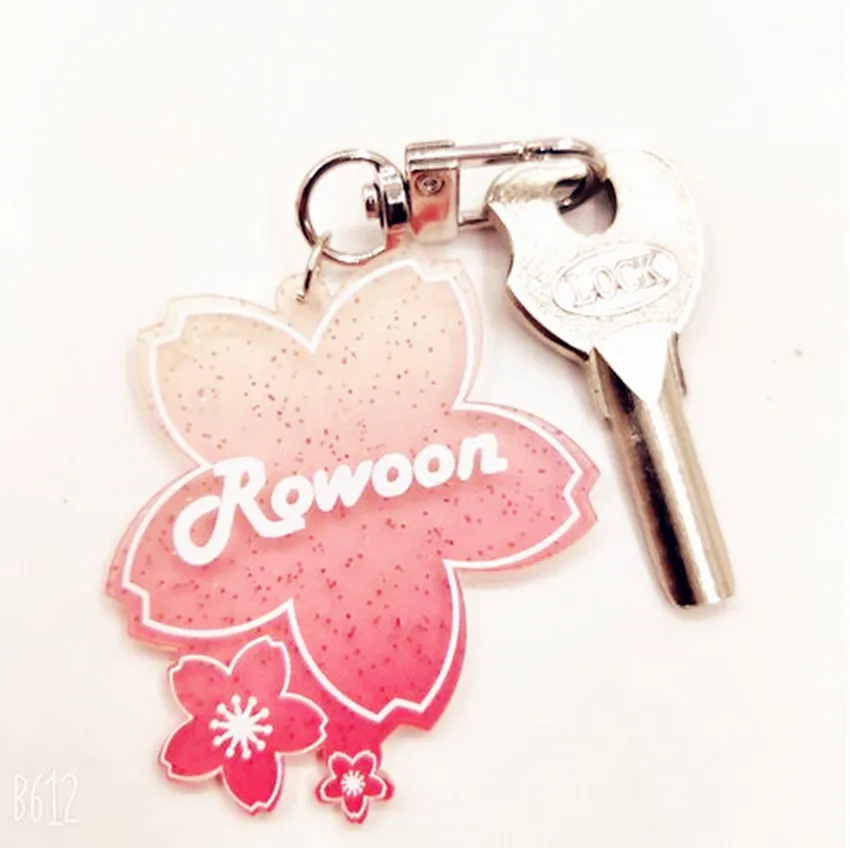 Korea Singer Stars Gradient Glitter Transparent Cherry Blossom pink Flower Acrylic Hotel Motel Keychain Keyring Bag Charm Girls