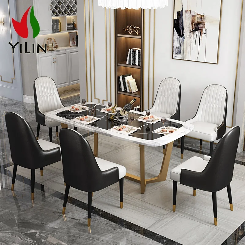 European Design Modern Stainless Steel Base Luxury Home Dining Room Rectangle Shape Marble Dinning Table