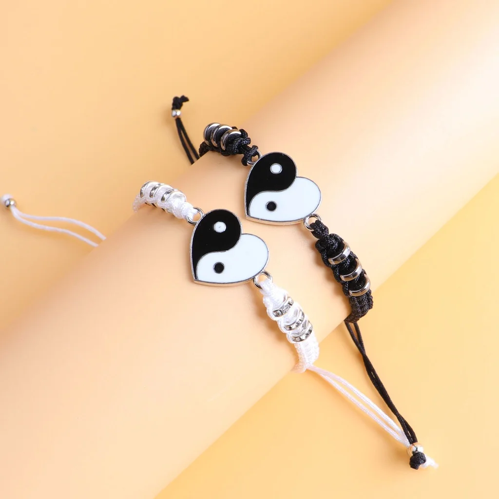 Romantic Love-shaped Pendant Braided Bracelet for Women Men Black White Taichi Woven Couple Bracelets Jewelry Gifts