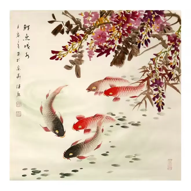 Chinese traditional rice paper ink red koi calligraphy decoration living room wall hanging ink painting