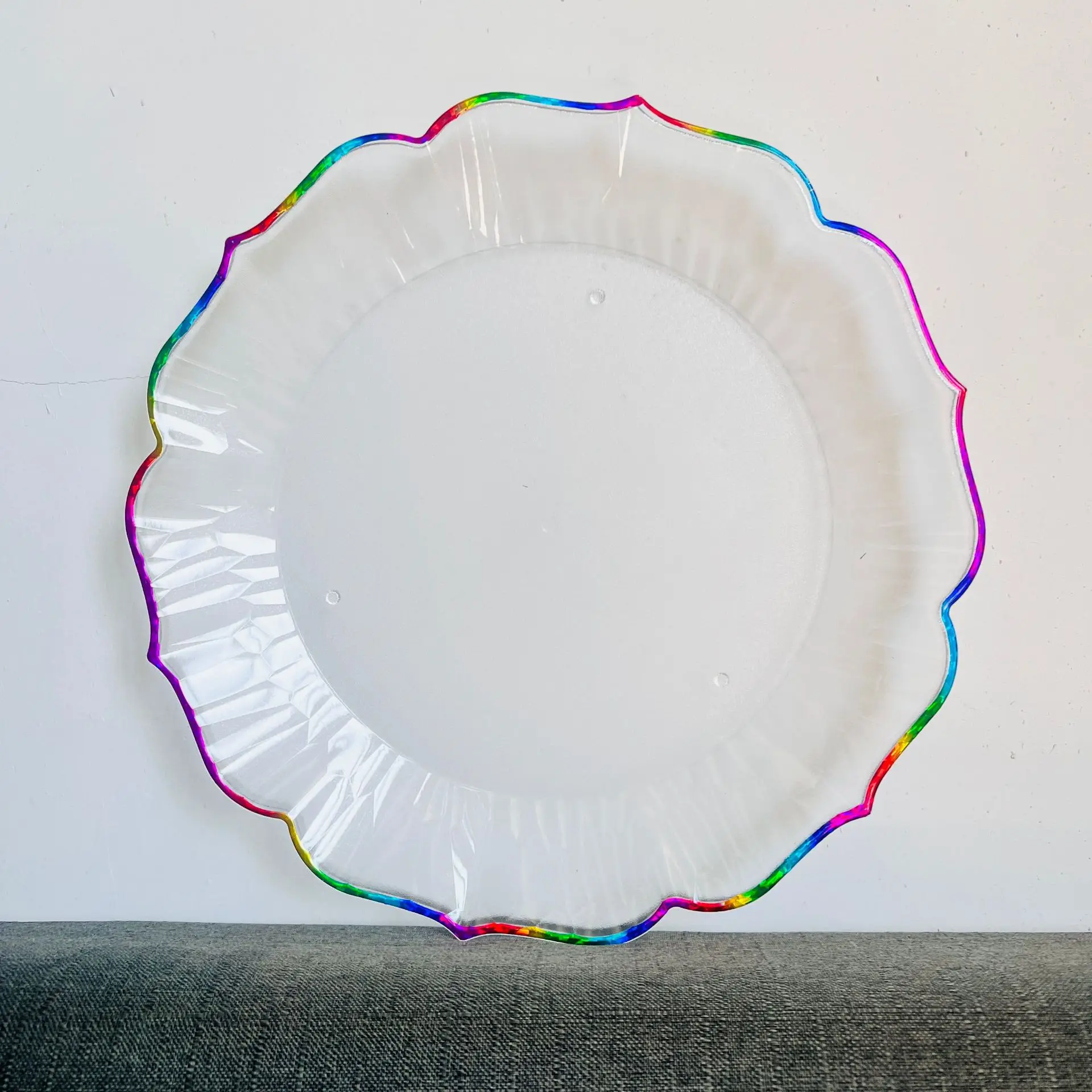 acrylic charger plate 13 inch plastic clear transparent with gold blue edge wedding event table suppliers