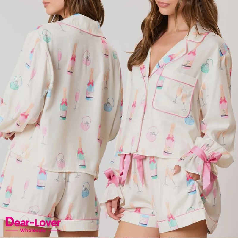 Dear-Lover Wholesale OEM ODM High Quality Cute Christmas Print Bow Knot Two Piece Lounge Wear Loungewear Women Pajama Set