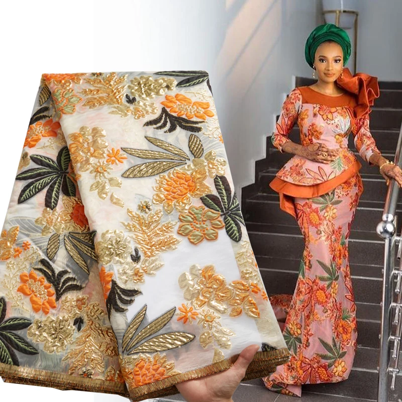 Chinese African French Lace Flower Brocade Jacquard Fabric High Quality Embroidery Organza Tulle Lace Materials For Dresses 2622