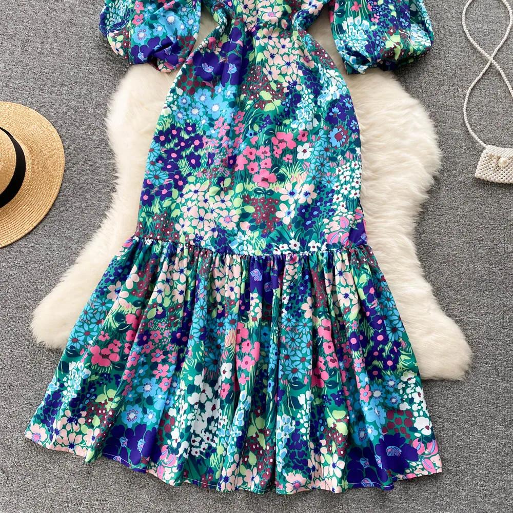 2022 vintage print dress for women puffed sleeves high waist temperament long skirt fish tail dress