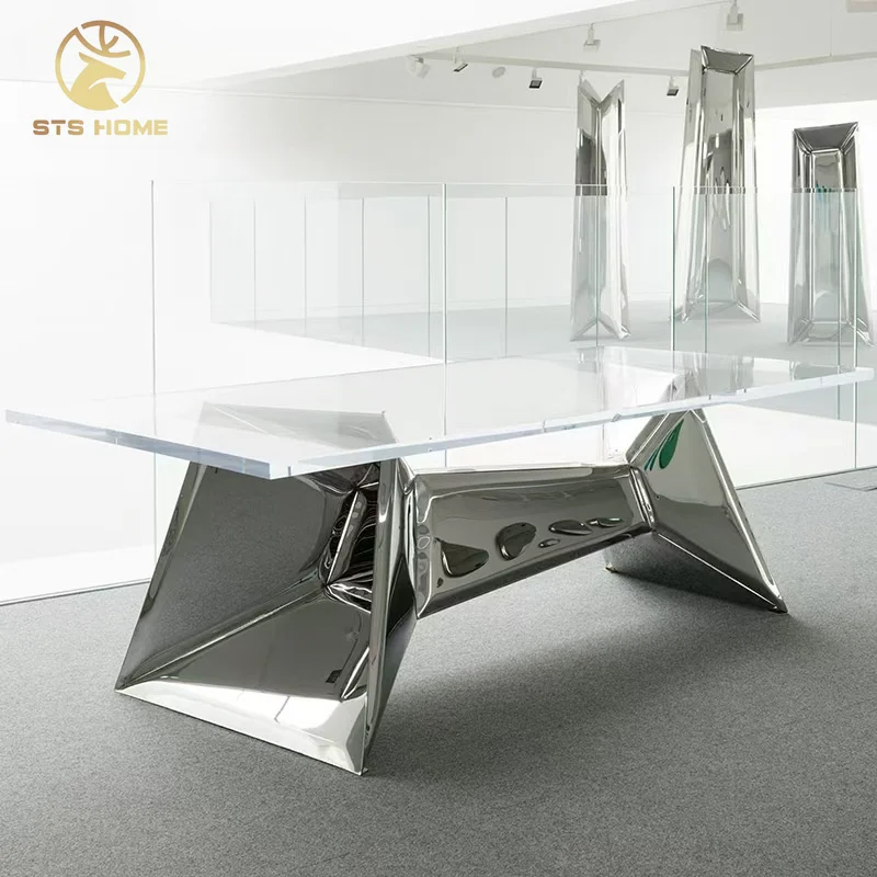 Modern  Creative design dining room table 10 seats stainless steel base acrylic top office table workroom table