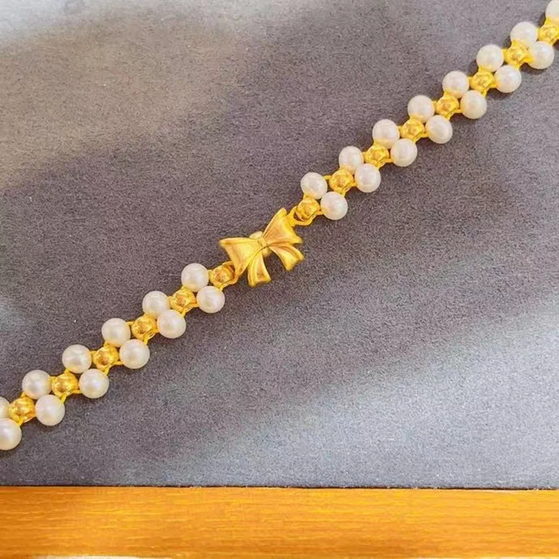 Aimgal Fine jewelry 999 Gold Beads 5D Hard Gold Bow Natural freshwater pearls Transfer Bracelets Pure Gold tarnish free