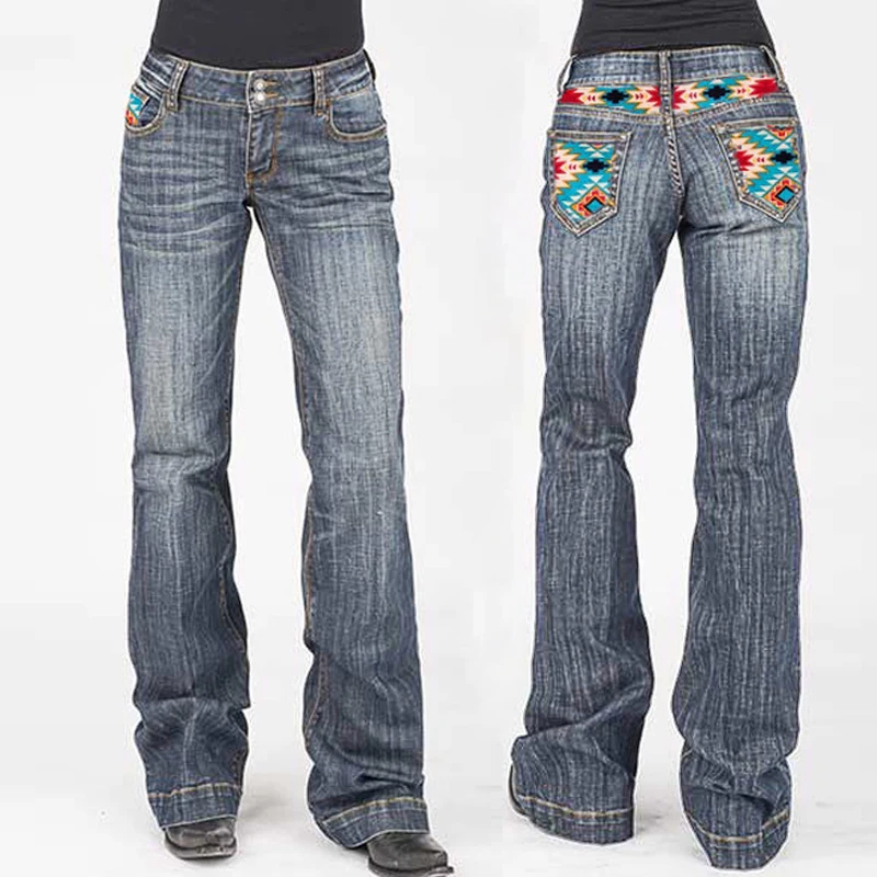 Джинсы-клеш Cowgirl женские, эластичные штаны со средней посадкой, с принтом, с карманами, штаны-клеш из денима, очень удобные высокие