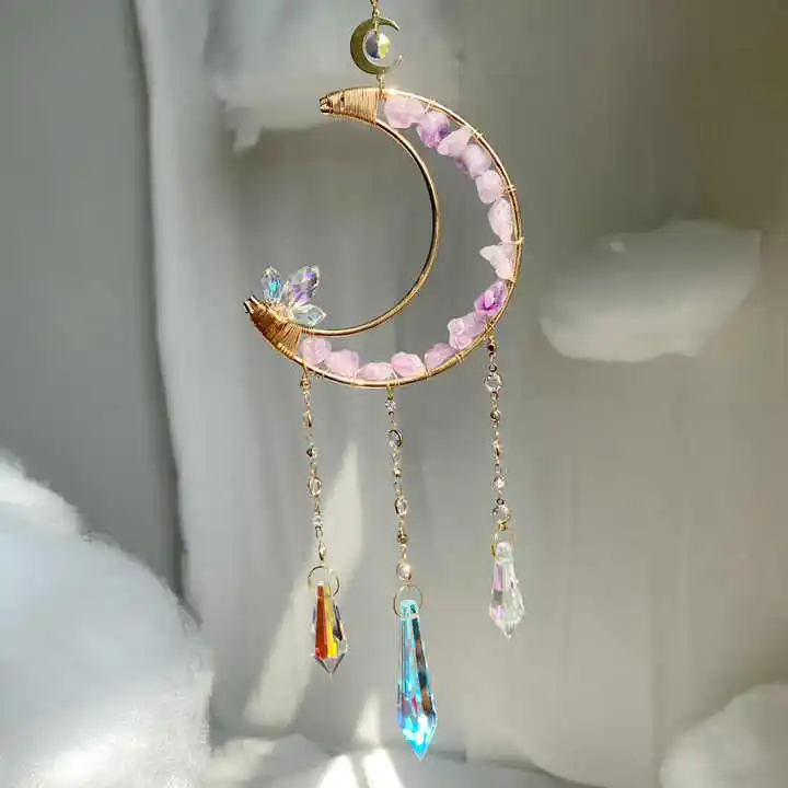 High quality natural crystal sun catcher moon sun catchers amethyst moon suncatche wind chimes