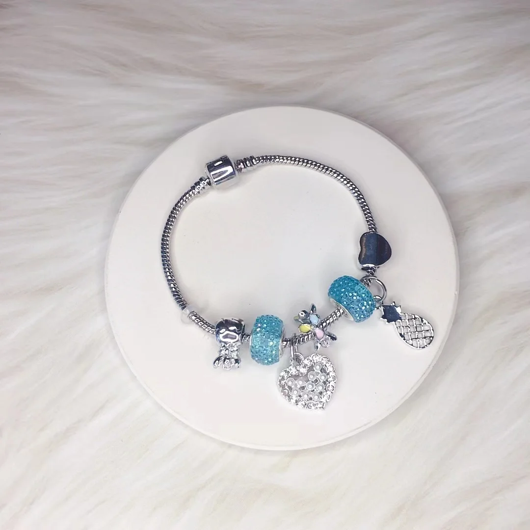 Direct Sale Womens Blue Beads Animal Accessories Heart Pineapple Pendants Sliver Plated Brass Bracelet Jewelry