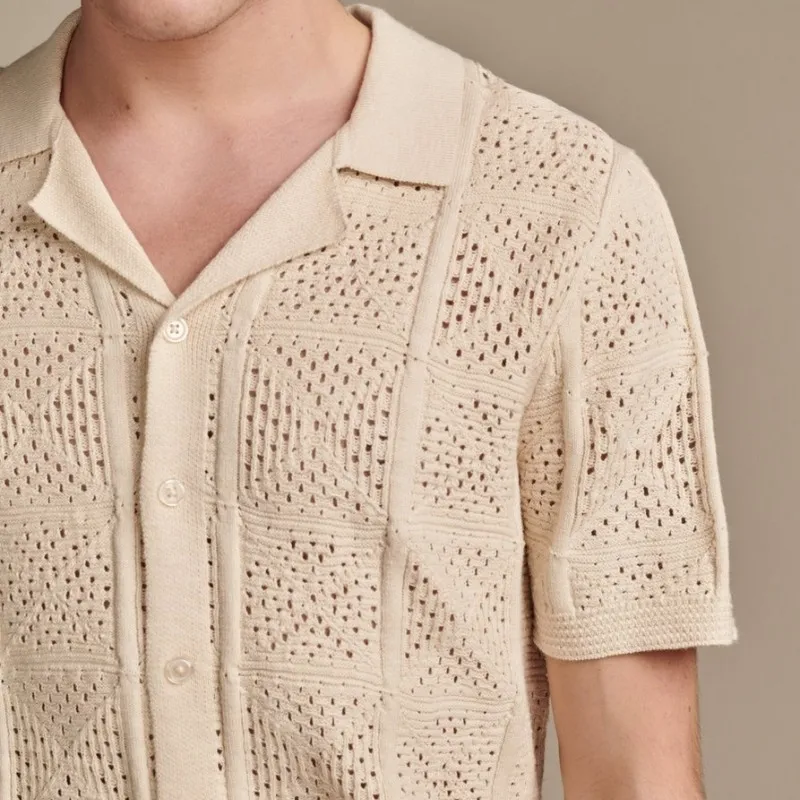 Wholesale Custom Cotton Men Knit Short Sleeves Button High-Quality Mesh Open Knitwear Summer Spring Fashion Plaid T-shirt