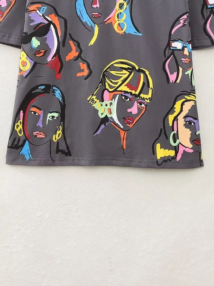 KAR&OT ZA 2024 Summer New Casual Loose Round Neck Girls Avatar Pattern Printed T-Shirt for Women 1131347