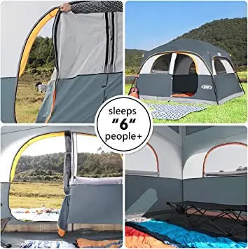 2022 6 Person Waterproof and Windproof Easy Setup, Double Layer Family Camping Tent with 1 Mesh Door and 5 Large Mesh Windows