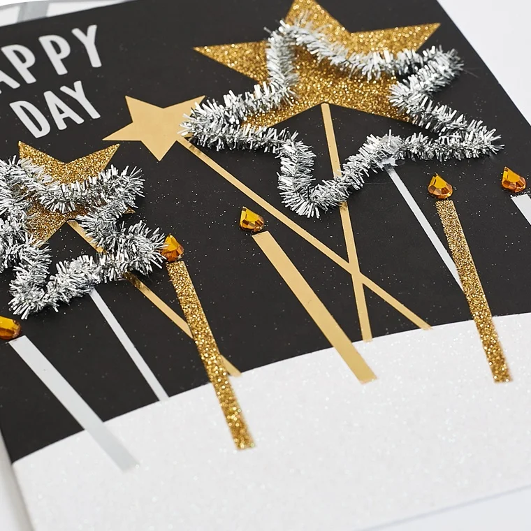 Hotsales Birthday Candle Birthday Cards, Handmade Gold Foil Greeting Cards with Gold Glitter Pines