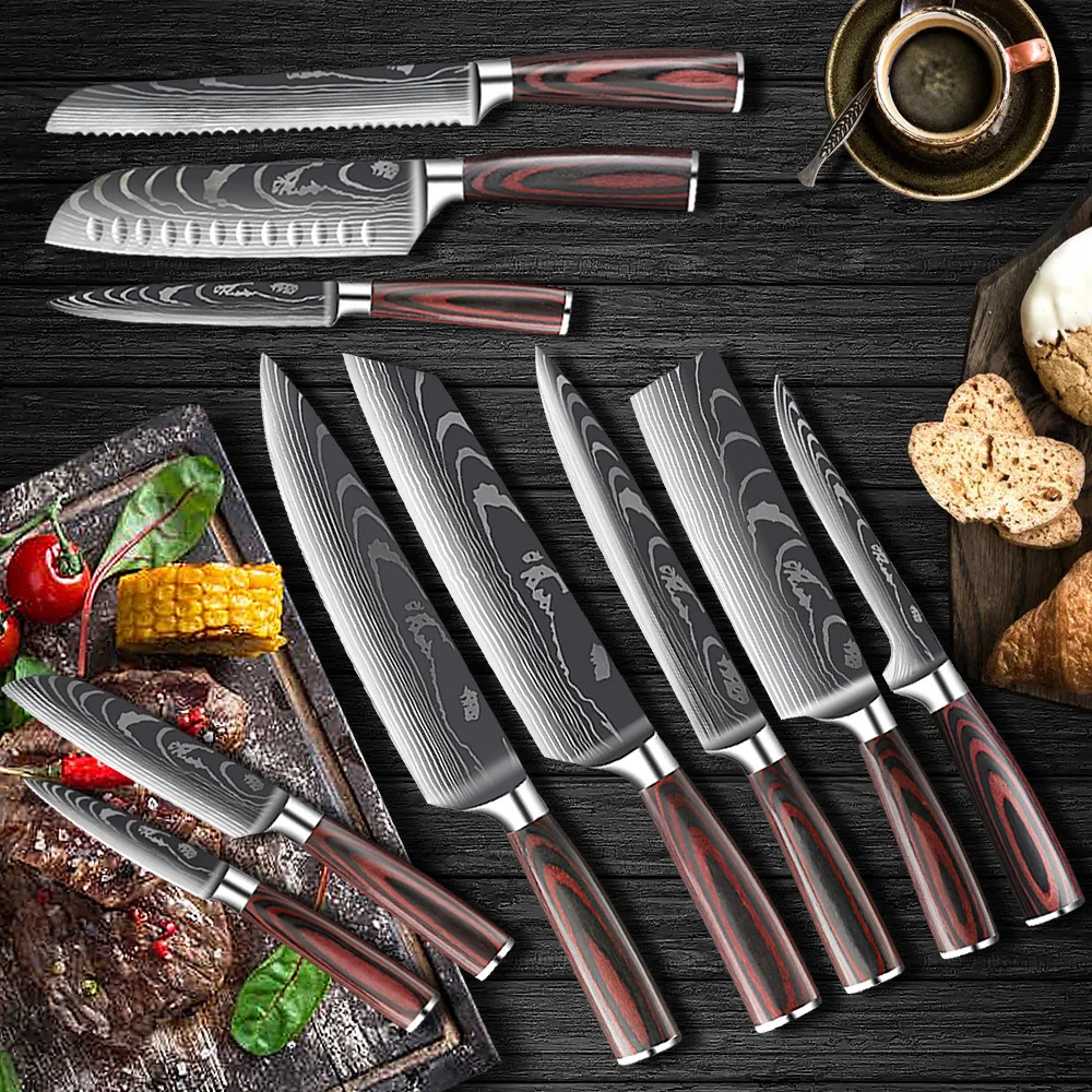 Chef knife 10 Pcs Set Kitchen Knives Laser Damascus Pattern Sharp Japanese Santoku Cleaver Slicing Utility Knife