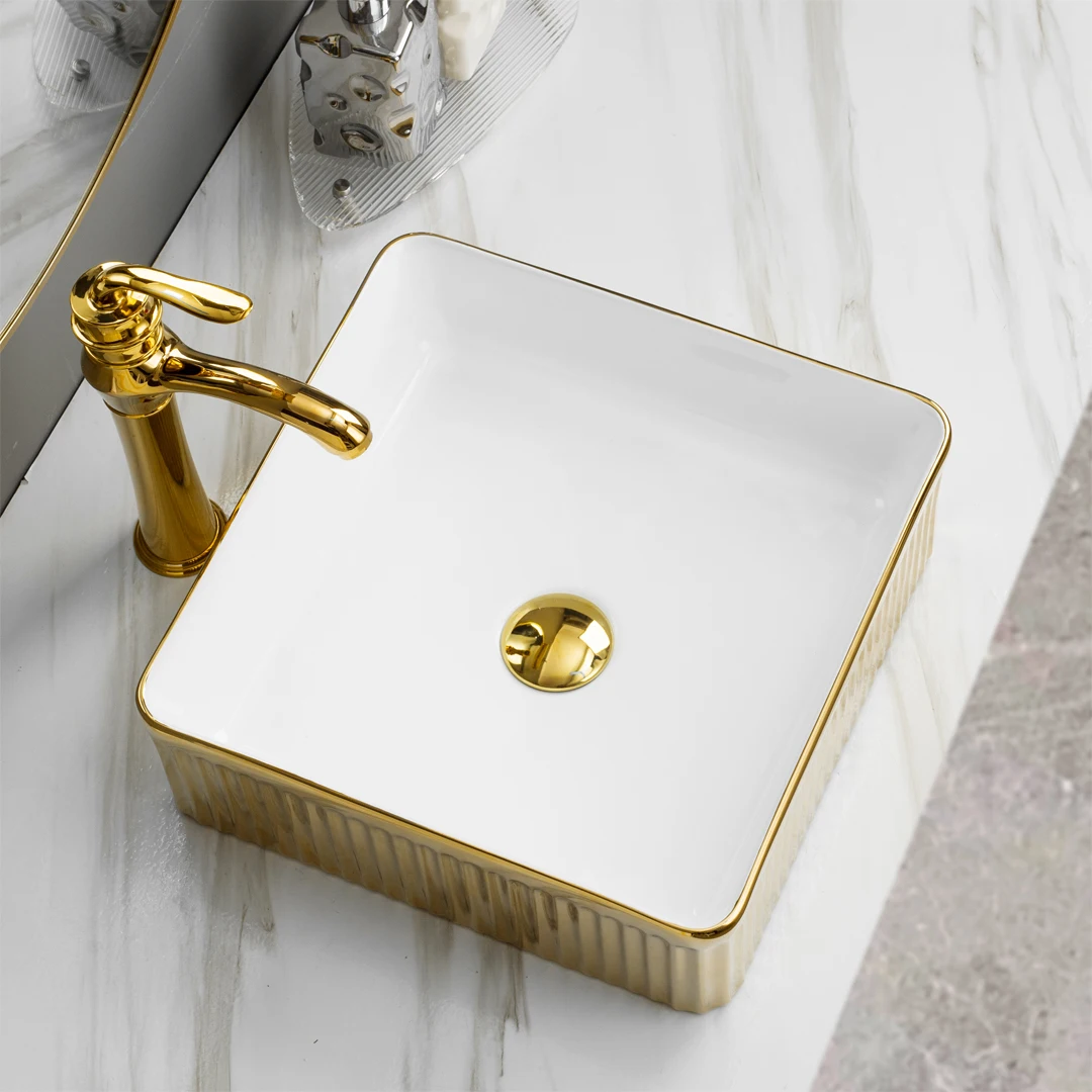 luxury bathroom golden sink ceramic counter top hand wash basin art sink