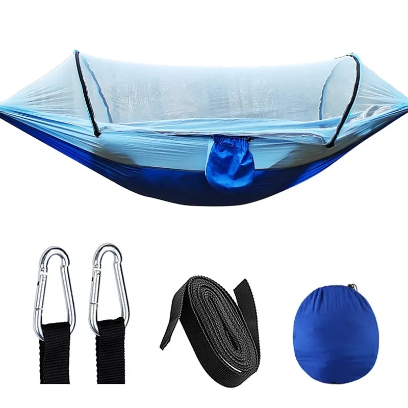 Automatic Quick-opening Outdoor swing Anti-rollover Nylon Rocking Chair 260x140cm Camping Pole Hammock with Mosquito Net