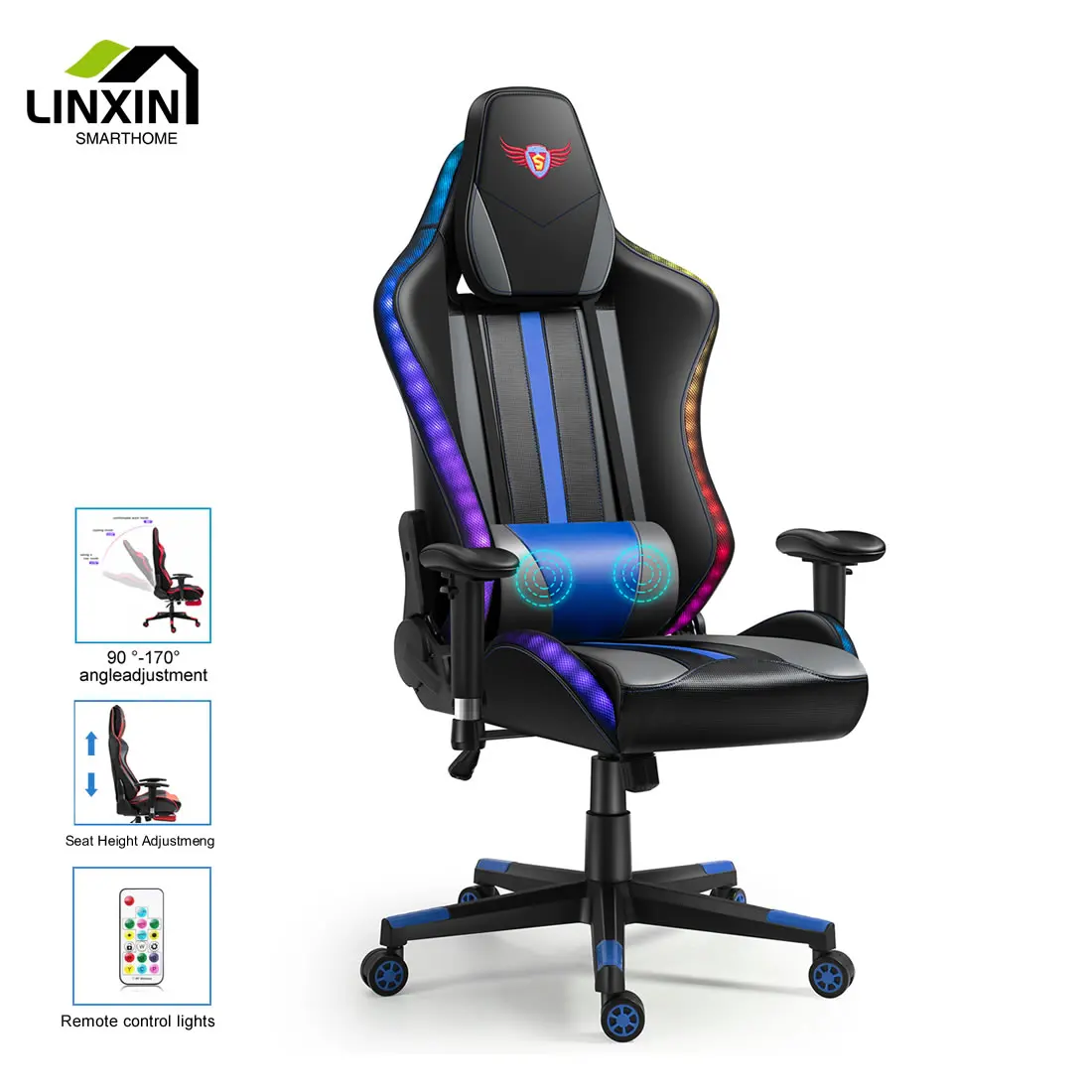 Компьютерный игровой стул, вращающийся стул из искусственной кожи черного и синего цвета со светодиодной подсветкой RGB, для дома и игр, новый дизайн