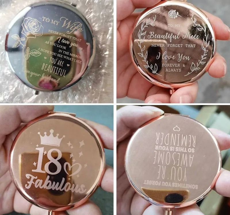 Custom Logo Round Double Side Gold Plated Metal Compact Mirror Portable Mini Pocket Makeup Mirror