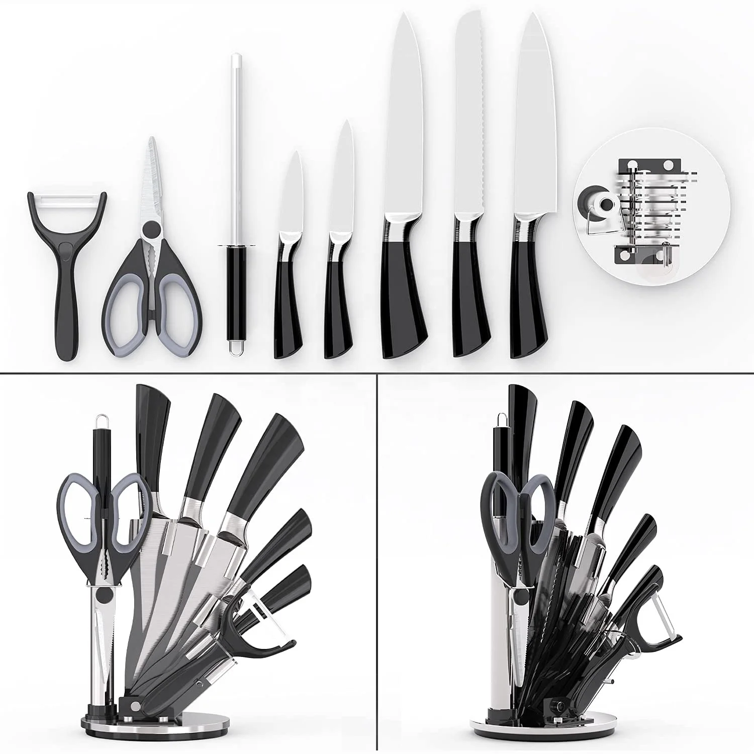 Stainless Steel Hollow Handle Self Sharpening Kitchen Knife Set with Finger Protection&Acrylic Stand-Best