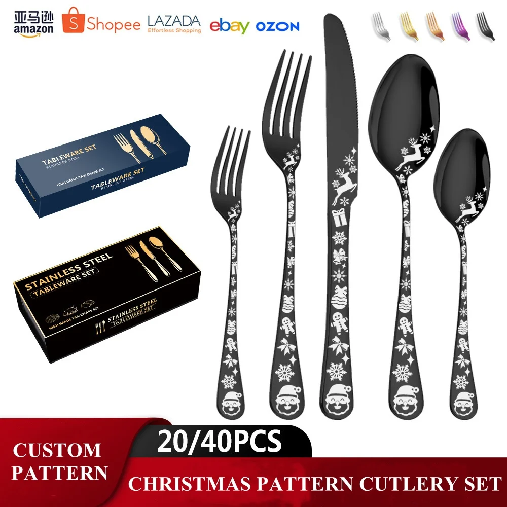 Funny Matte Gold Christmas Pattern Handle Cutlery Set 20/40PCS Cheap Stainless Metal Flatware Dinnerware Kitchen Hotel Parties