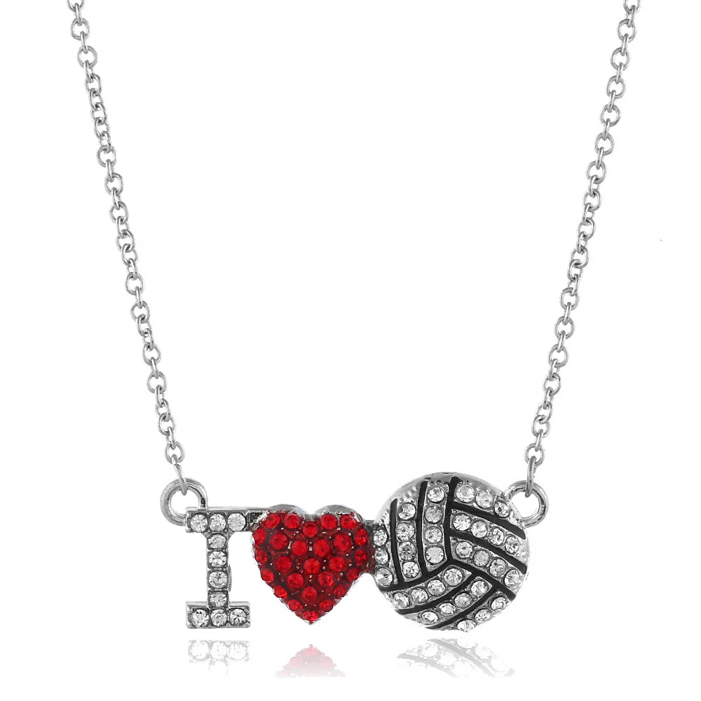 Fashion Crystal I LOVE Volleyball Basketball Soccer Pendant Necklaces Rhinestone Sports Ball Necklace