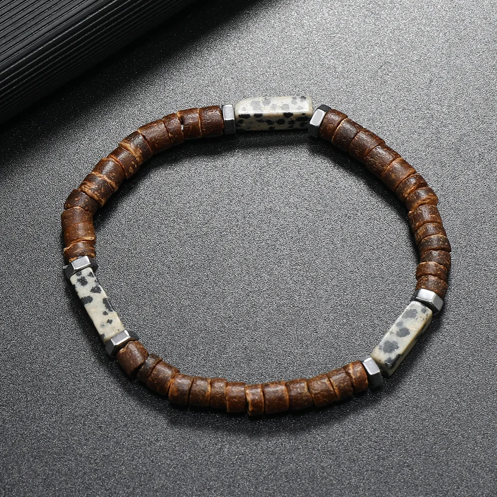 2024 bohemian summer beach style 10 different natural square stone beads brown coconut shell bracelet for men and women