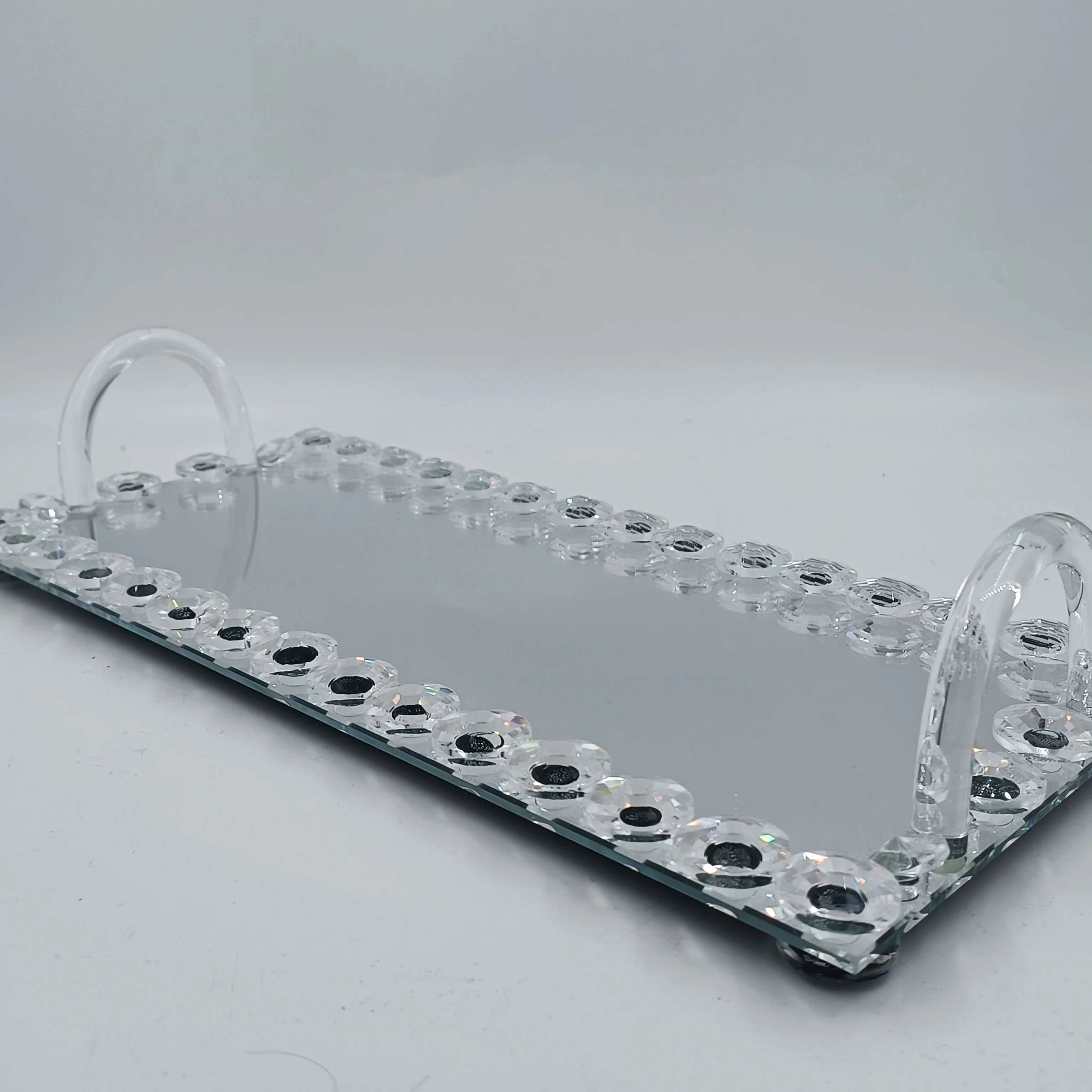 FOSUN glass tray with gold rim big size trays for food sweet cake transparent handle silver dishes display crystal tray