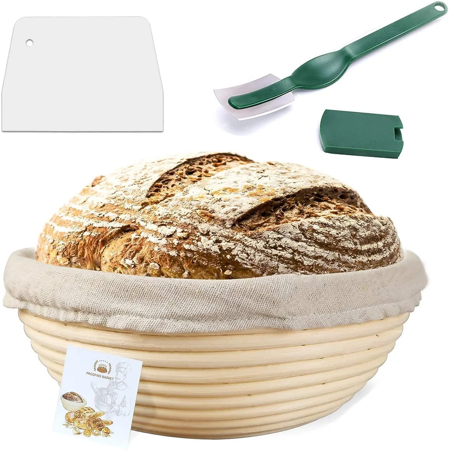 9 Inch Round Proofing Basket Banneton Kit Linen Liner Green Bread Lame Plastic Dough Scraper for Professional and Home Baker