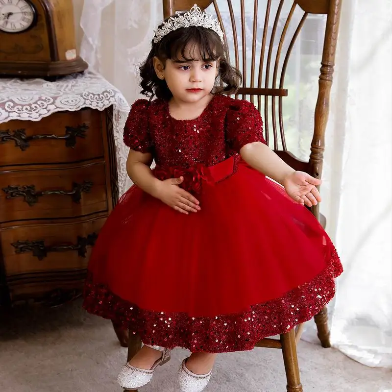 Western style layered fluffy princess dress Sequin gown for girls wedding party dress girls for 0-5 years old