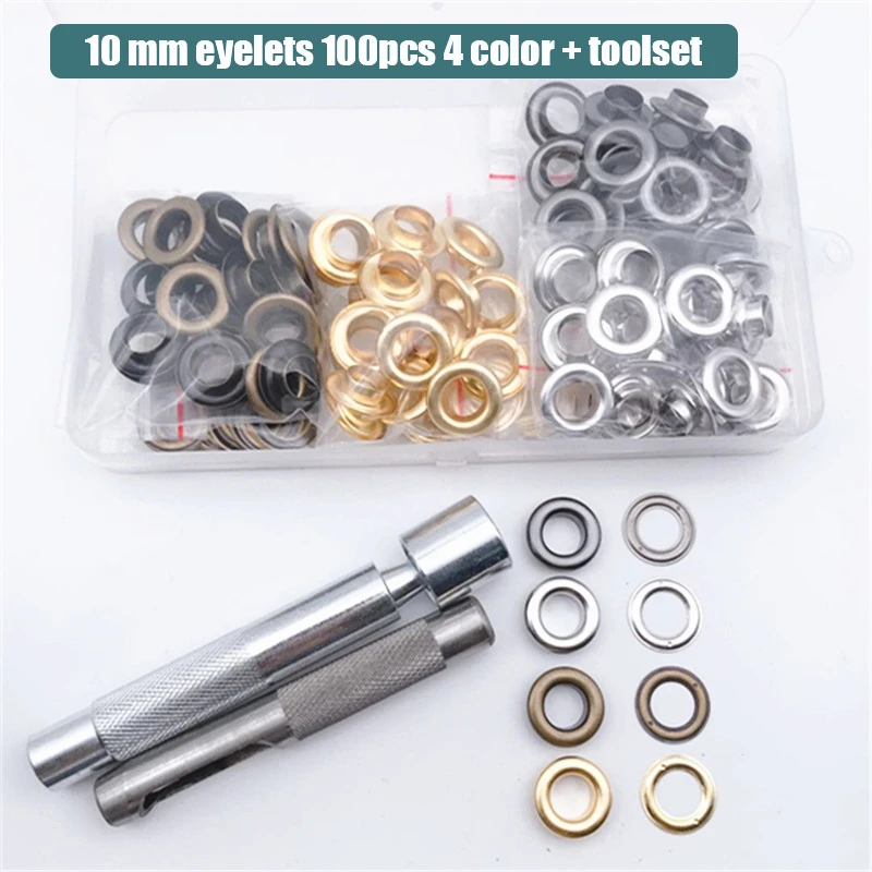4 color 100 pcs set and  size 10mm eyelet with a handmade  toolset for garment & shoe & hangtag