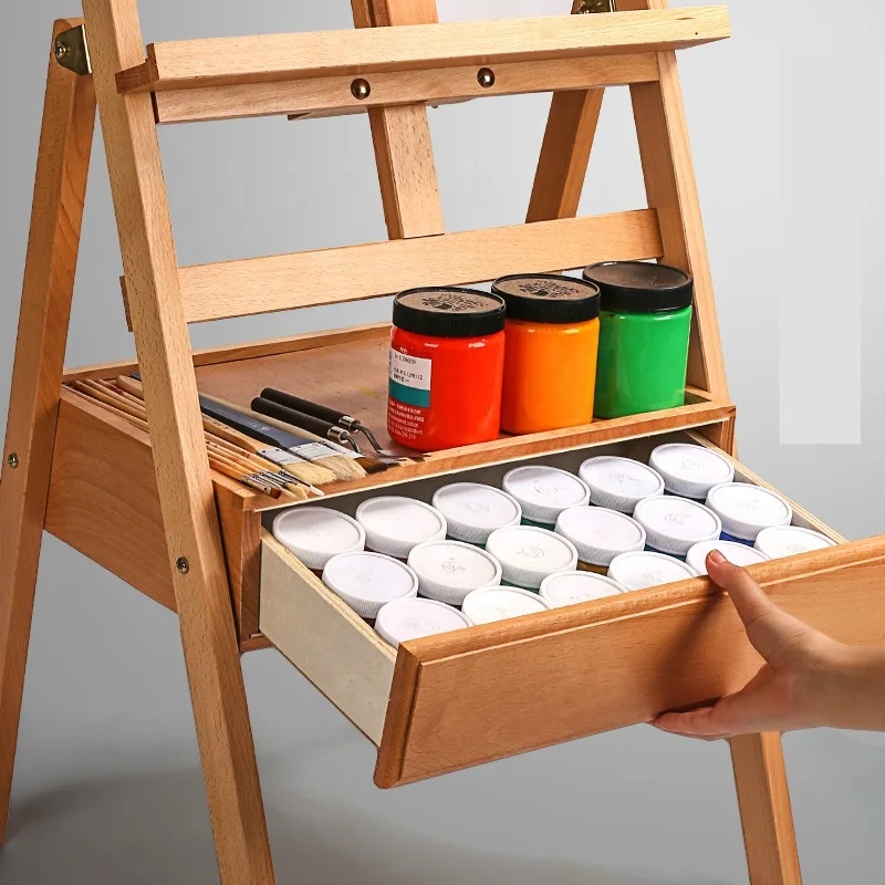 Beech Wood Folding Sketching Oil Painting Lifting Easel Storage Drawer Adjustable Display Stand Easel for Artists Students