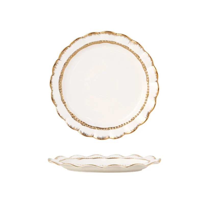 Wholesale Luxury Ceramic Gold Rim White Nordic Style Peach Shape Tableware Set
