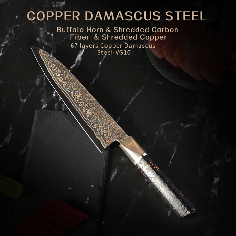Luxury Copper Damascus Steel Kitchen Knife  Japanese  VG-10 Core Buffalo Horn  Resin Mixed Carbon Fiber& Copper