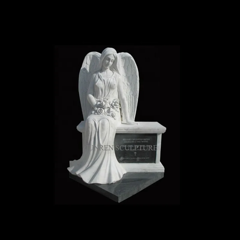 Hand Carved Marble Sitting Angel Statue With Flowers Memorial Headstone Tombstone Monuments
