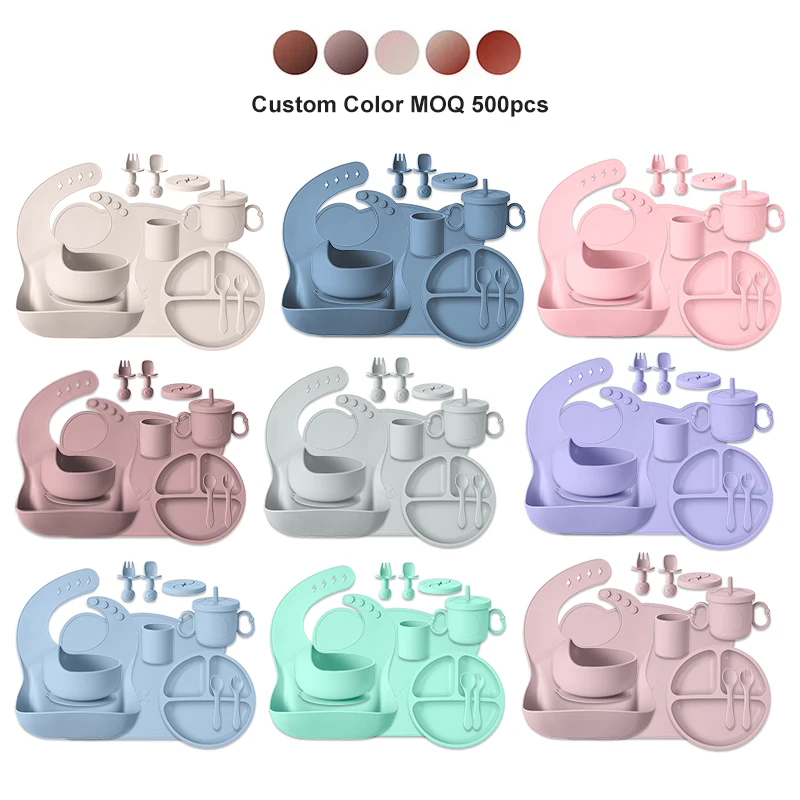 Bpa Free Toddler Weaning Tableware Adjustable Bib Spoon Fork Suction Bowl Divided Plate Silicone Baby Feeding Set