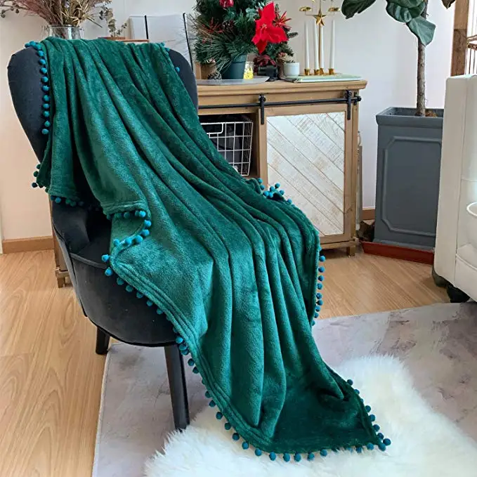 Luxury Microfiber Throw ball Tassel  Blanket Cozy Flannel Blanket with Pompom Tassel