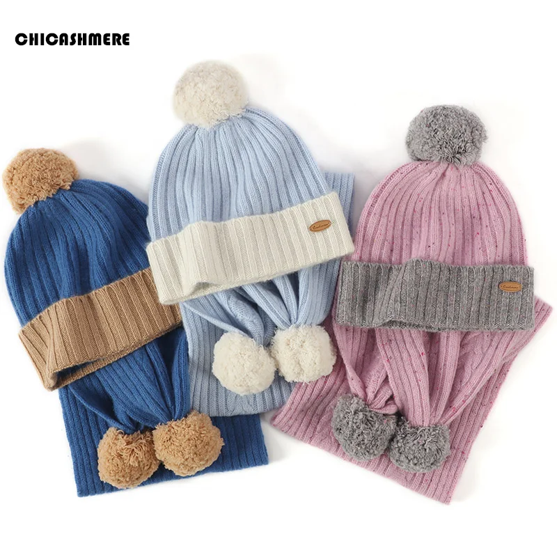 Winter Baby Kids Toddler Children Pure Cashmere No Wool 2 Piece Pompon Beanie Hat Scarf Set Baby