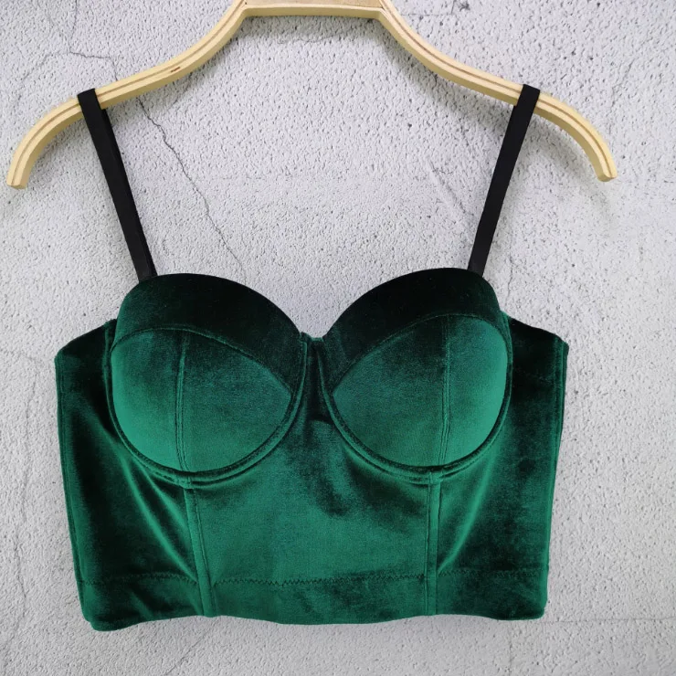 Vintage Classic Removable Spaghetti Straps Underwired Sexy Female Women Ladies Velvet Tube Velour Crop Bra Top Bustier Corset