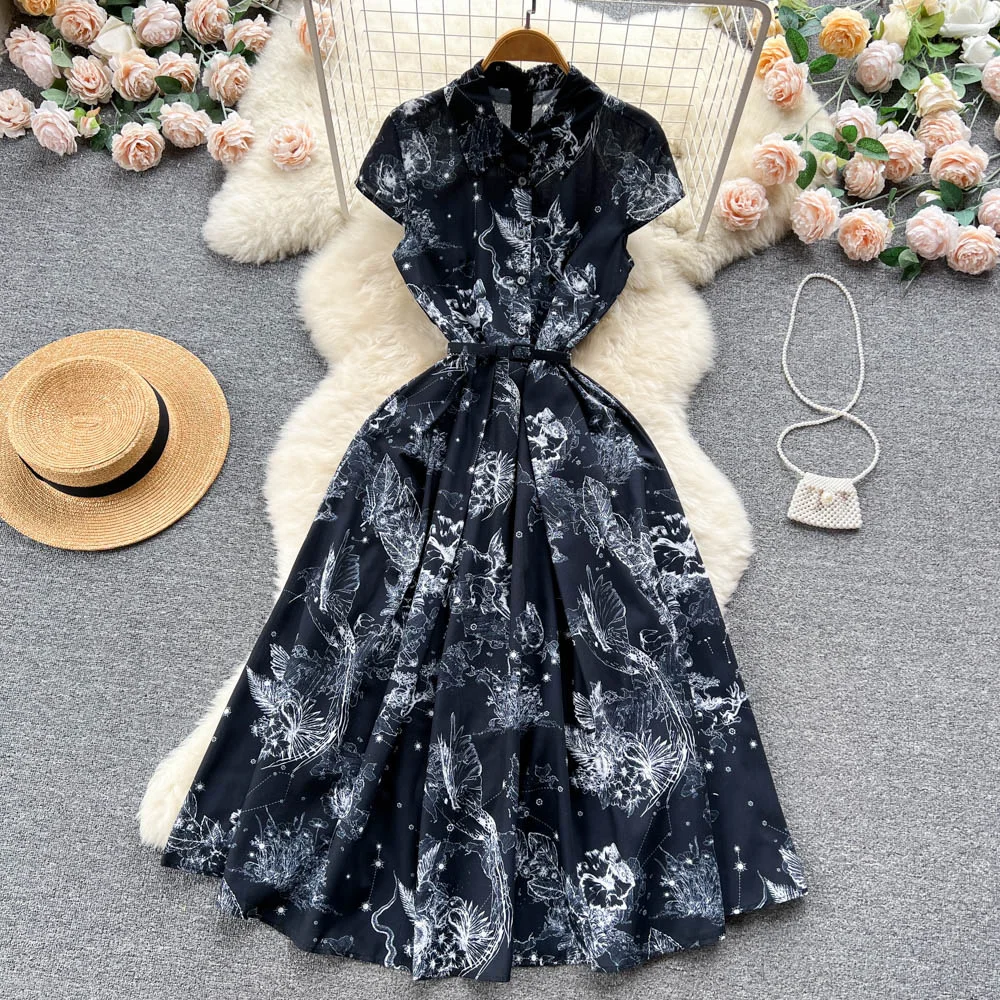 Customized summer new fashion short-sleeved  print medium-length large swing style dress black white sleeveless dress