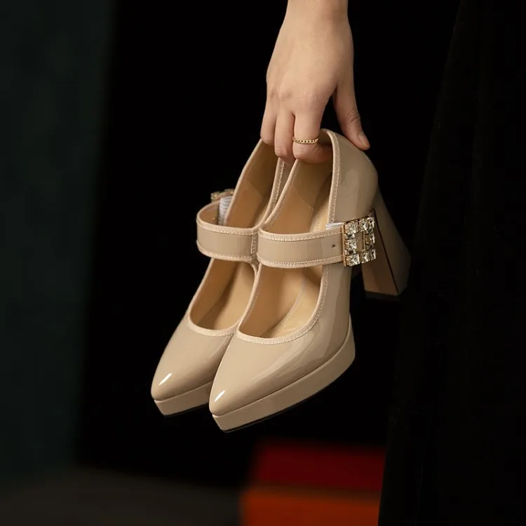 Round Toe Head Lace Up Buckle Strap Rope Pure Solid Color Fashion Casual Slip On Cowhide Leather Chunky Thick Sole Ultra Heels