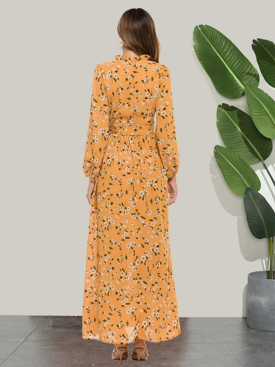 2021 Arabic Latest Design High Neck Long Sleeve Maxi Dress Dubai Fancy Printing Yellow Flower Abaya