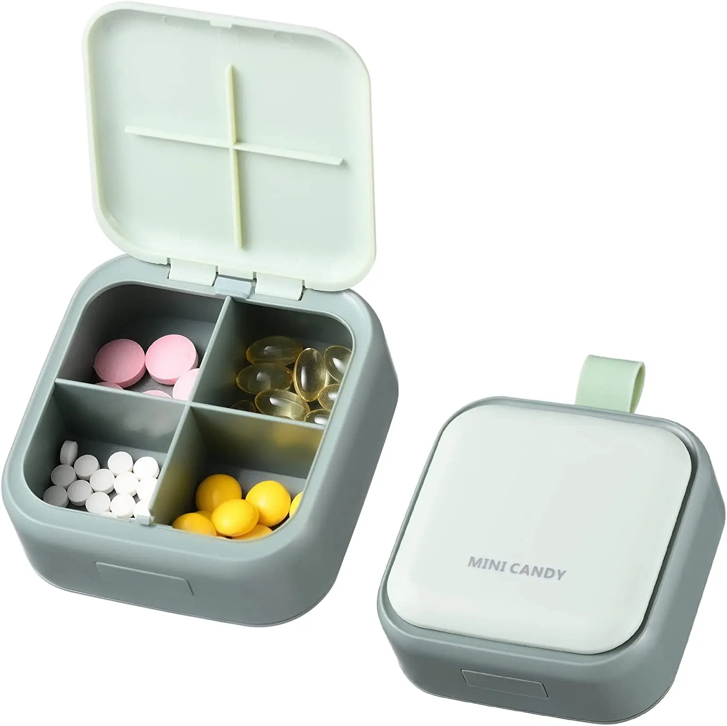 Pinmoo cute portable plastic pill box four divided small pill box candy box