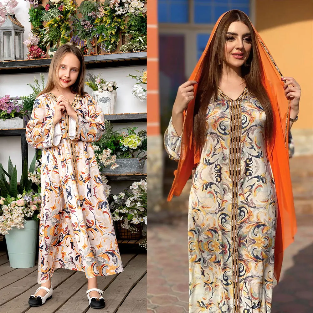 Dubai cute Printed abaya kaftan parent-child attire/dress/outfit for Islamic ethnic mother & daughter/girls clothing
