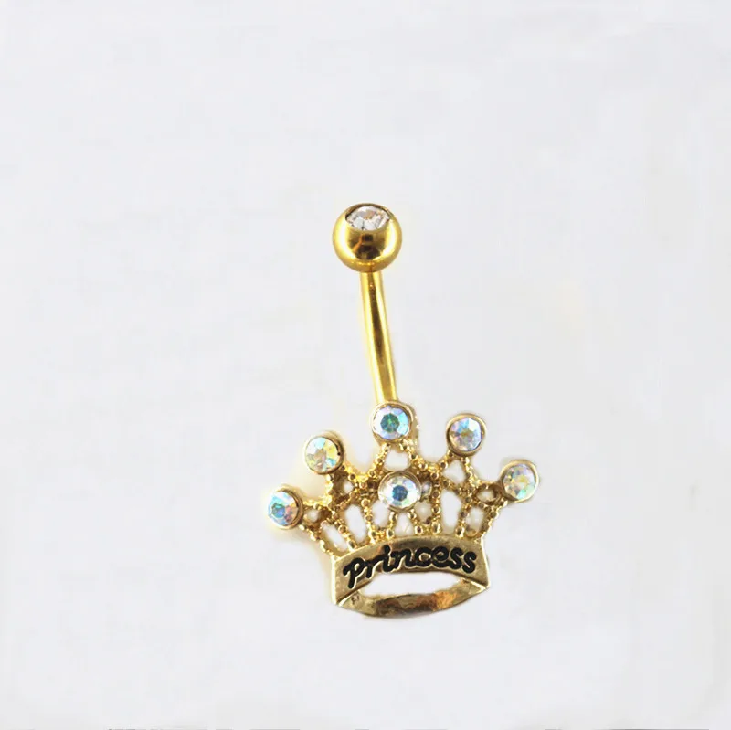  BBR-119 2021 Body Piercing Jewelry Luxury Belly Button Rings Surgical Rose Gold Zircon Crown With Princess