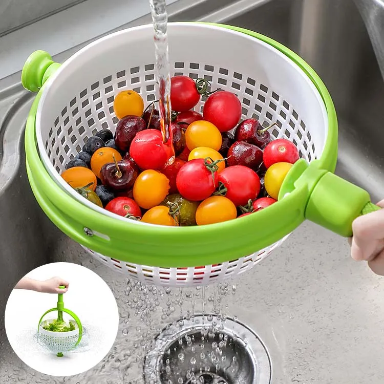 Vegetable Fruit Colander Manual Kitchen Salad Spinner Dryer Spinning Basket With Collapsible Handle