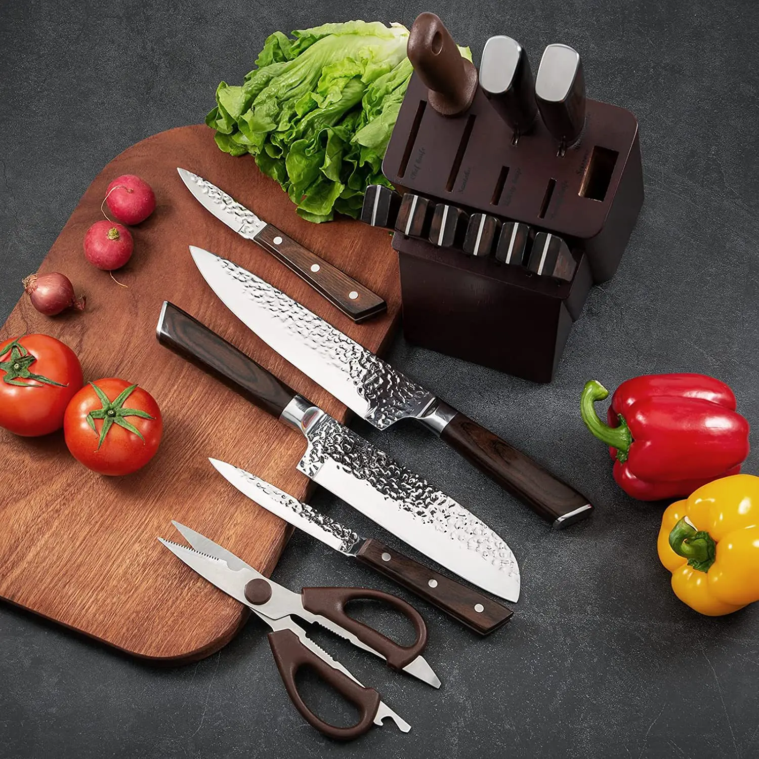 2024 Germany High Carbon Stainless Steel Chef Knife Block Set 15 Pieces Ultra Sharp Chef Kitchen Knife Set with Block Sharpener