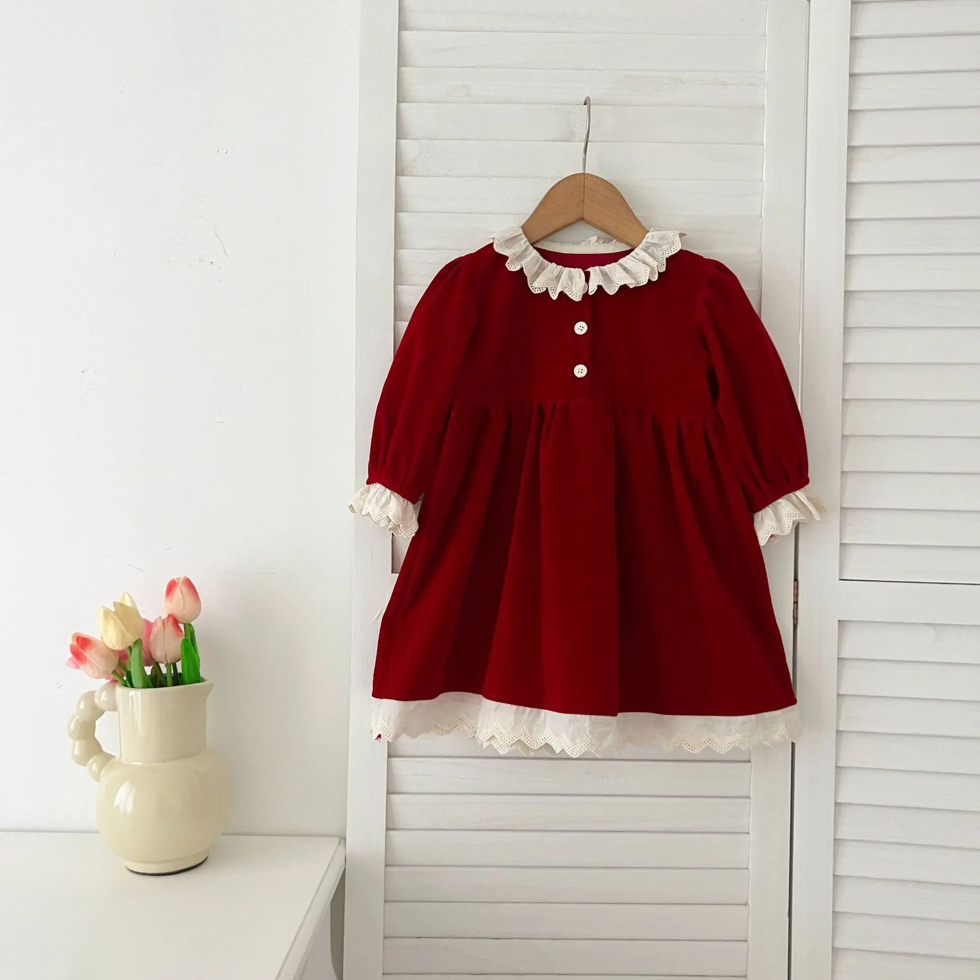 C1001 Christmas new year red newborn baby girls velvet dresses infant toddler kids puff sleeve romper jumpsuit clothing